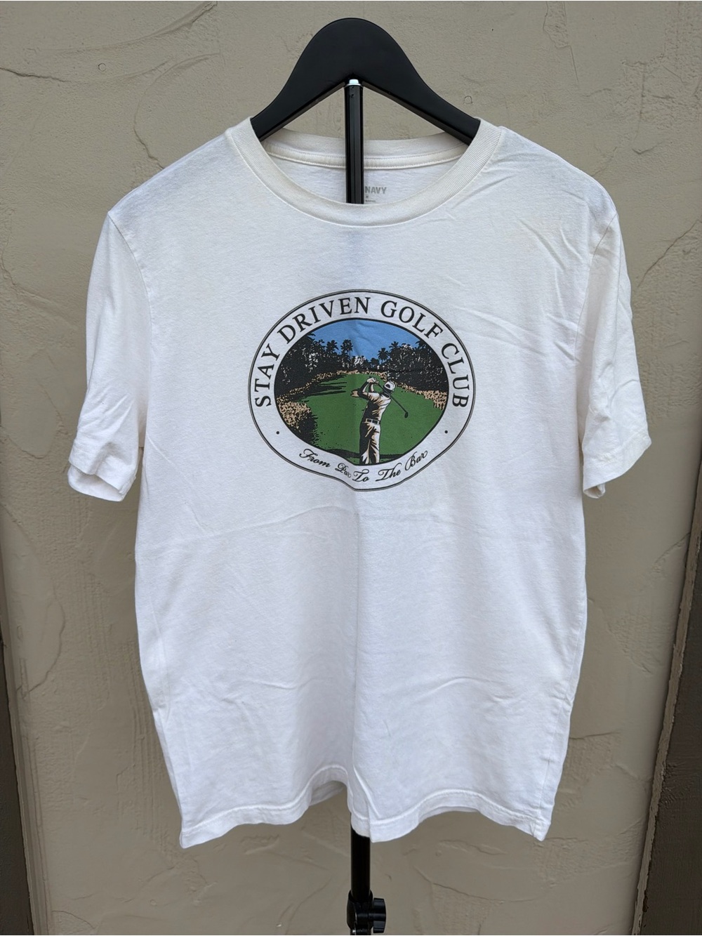 Old Navy White Golf Graphic Tee with Green & Blue Print